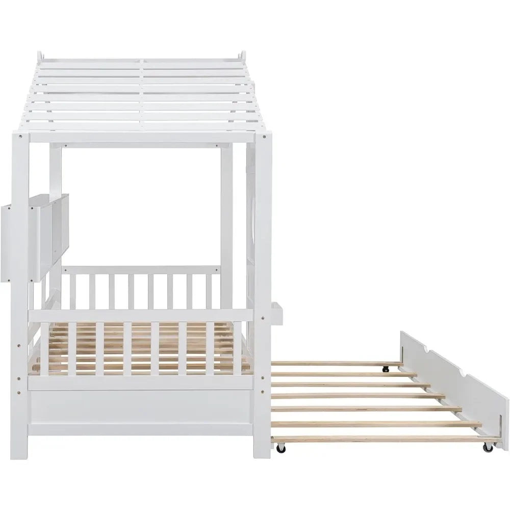 Cama nido de madera de tamaño doble con estructura con estante de almacenamiento para niños, soporte de listones de madera, forma de casa, diseño moderno, cama para niños