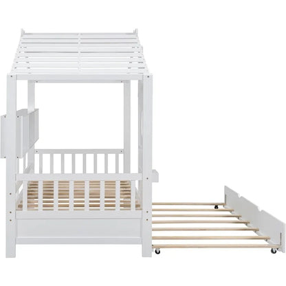 Twin Size Wooden House Bed with Trundle,Frame with Storage Shelf for Kids Wood Slat Support house shape Modern Design Kids Bed