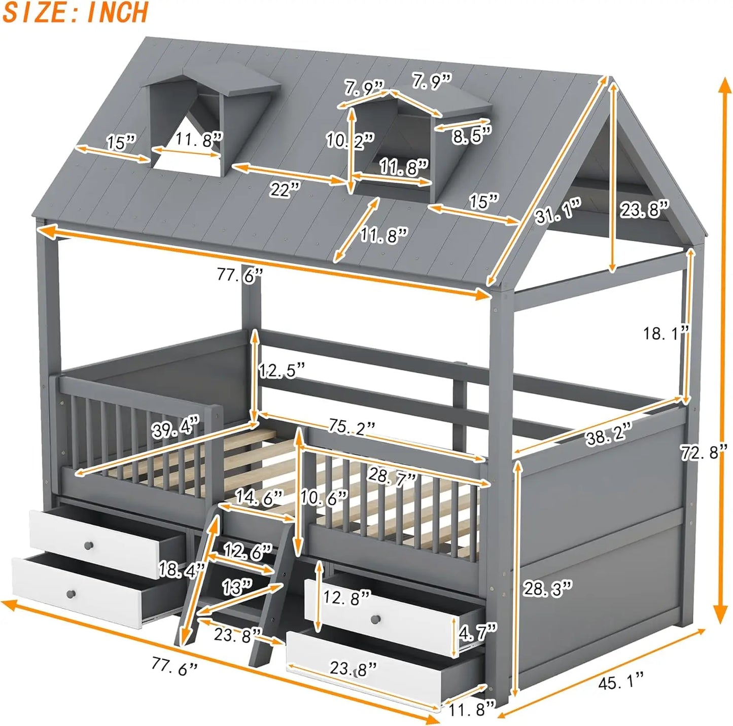 Twin Size Wood House Bed Frame with Full-Length Fence and 4 Storage Drawers, Kids Playhouse Tent Bed with Roof and 2-step