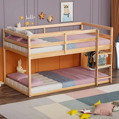 Low Bunk Bed Twin Over Twin, Floor Bunk Bed with Ladder, Twin Bunk Bed with Full Guardrails