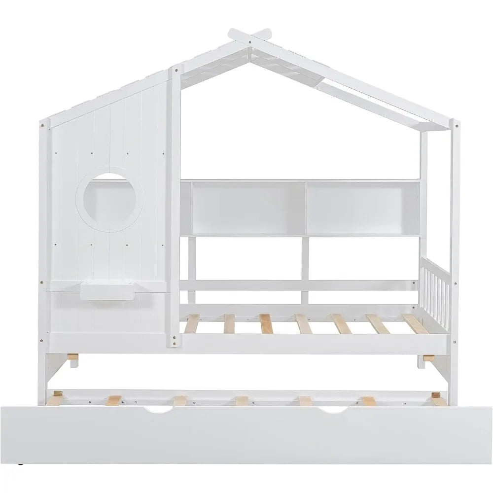 Cama nido de madera de tamaño doble con estructura con estante de almacenamiento para niños, soporte de listones de madera, forma de casa, diseño moderno, cama para niños