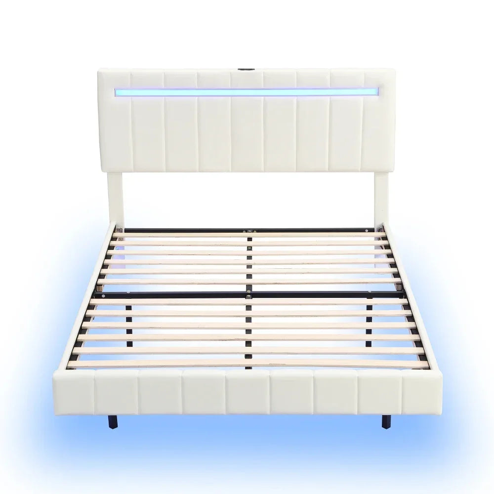 Queen Size Floating Bed Frame with LED Lights and USB Charging,Modern Upholstered Platform LED Bed Frame No-Noise Design