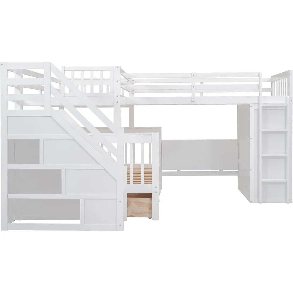 LShape Triple Bunk Beds with Stairs and DeskTwin Over Full Bunk Bed with Storage Wardrobe,Shelves and Drawers,Wood3Beds Bunk Bed