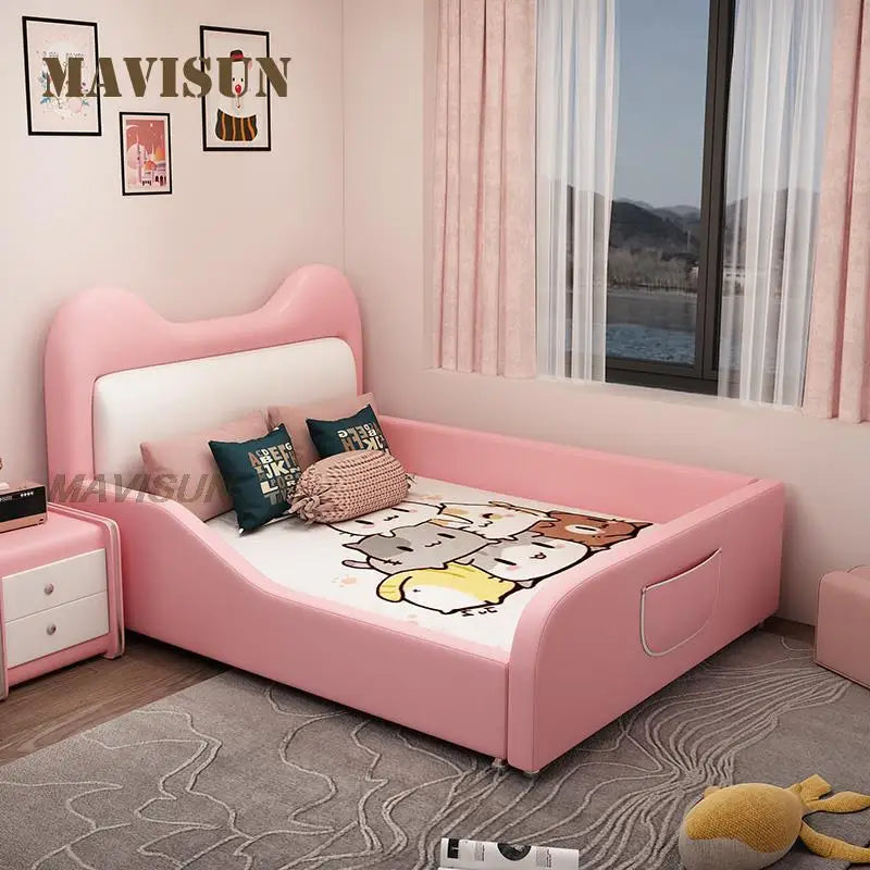 Cama infantil de princesa en color rosa con dibujo de gato para niña, cama individual creativa de cuero de 1,2 a 1,5 metros, cama infantil funcional con barandilla