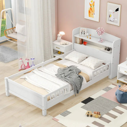 Lit plateforme en bois pleine grandeur avec éclairage LED intégré, tête de lit avec rangement et garde-corps, lits superposés blancs pour enfants, lits superposés pour filles