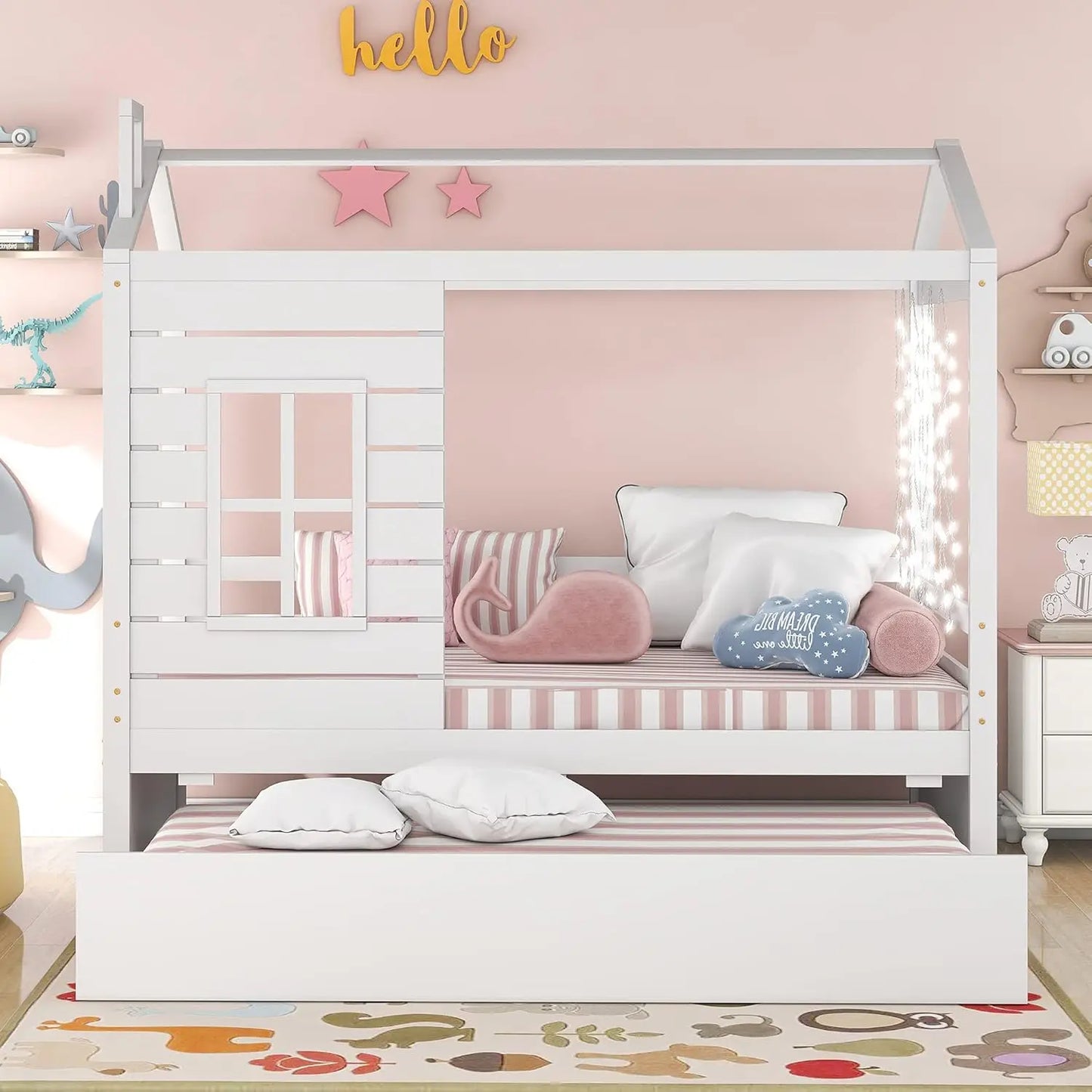 Cama nido de tamaño doble, estructura de madera con ventana y techo para niños, niñas y niños, color blanco