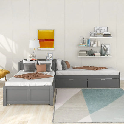 L-Shaped Platform Bed With Trundle And Drawers Linked With Built-In Desk, Wood Corner Bed With 3 Twin Beds For Kids Girls Boys