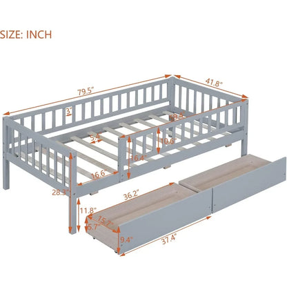 Cama individual con cajones, sofá cama para niños con espacio de almacenamiento, estructura de cama de madera con listones para niños, bebés, niños y niñas