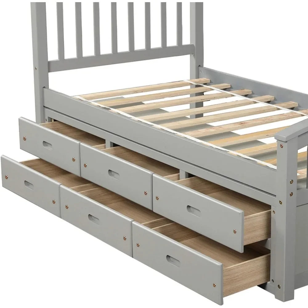 Marco de cama doble con cajón de almacenamiento debajo, cama tipo capitán con espacio de almacenamiento, cama de plataforma de madera maciza con cabecero para niños y adolescentes