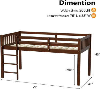 Cama baja tipo loft de tamaño doble con escaleras, cama tipo loft de madera para niños pequeños, jóvenes y adolescentes, estructura de cama doble de madera de pino, ahorro de espacio