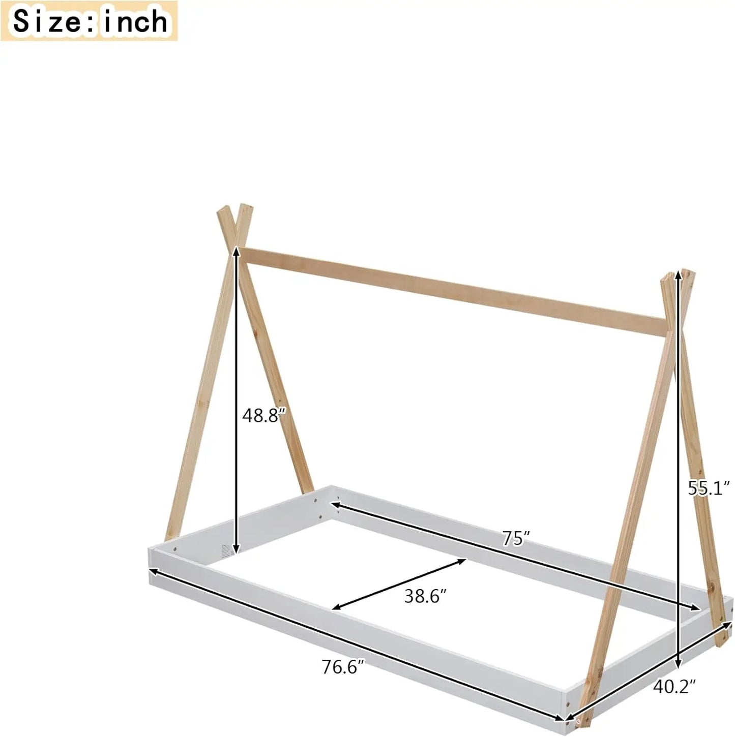 Wood Teepee Bed Twin Size Floor Beds for Kids, Montessori Style House Tent Bed Frame for Boys Girls Teens, Box Spring Required