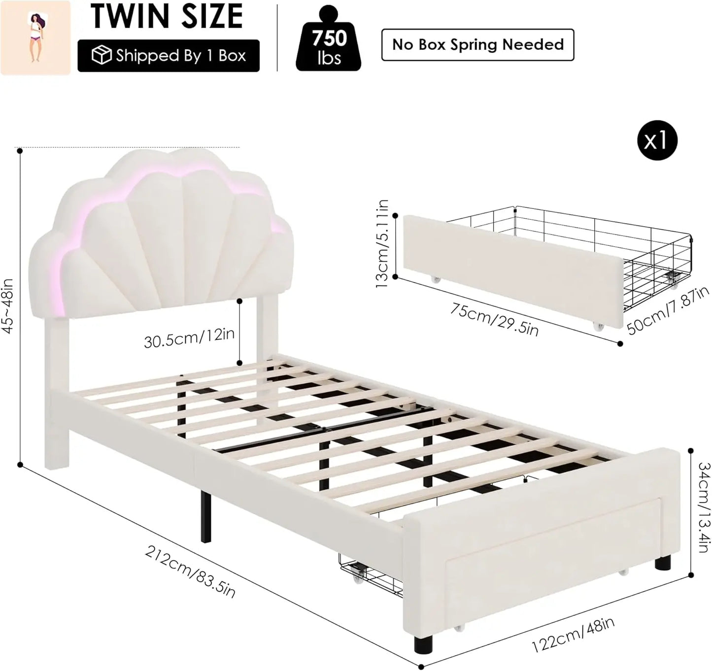 Cadre de lit double rembourré à LED intelligent avec tiroir de rangement et tête de lit réglable à double pétale chic, lit plateforme princesse