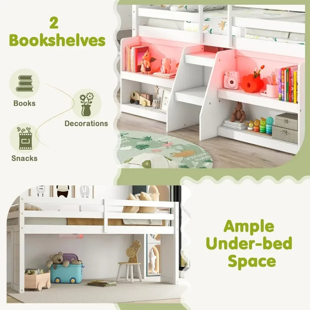 Loft Bed with LED Lights, Stairs & Safety Guardrail, Storage Bookcase and Under-Bed Play Space, Twin Loft Bed