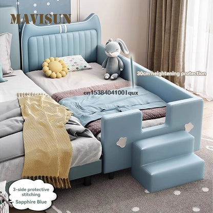 Cama de cuero para niños con empalme, muebles de dormitorio de estilo italiano, cama de madera para niños y niñas, linda cama para bebé con barandilla de seguridad