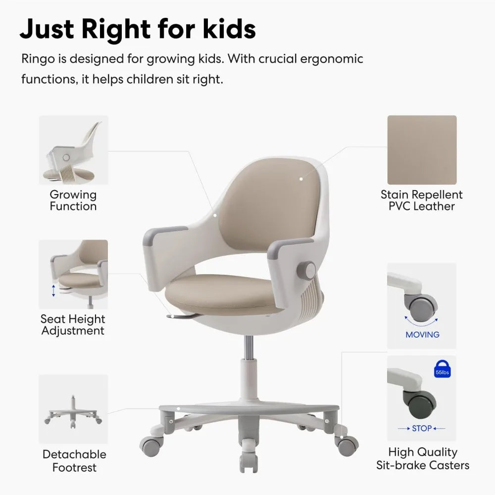 Silla de escritorio para niños Ringo: silla ergonómica para niños con reposapiés, función de crecimiento en 4 pasos, altura del asiento ajustable, ruedas con bloqueo de asiento