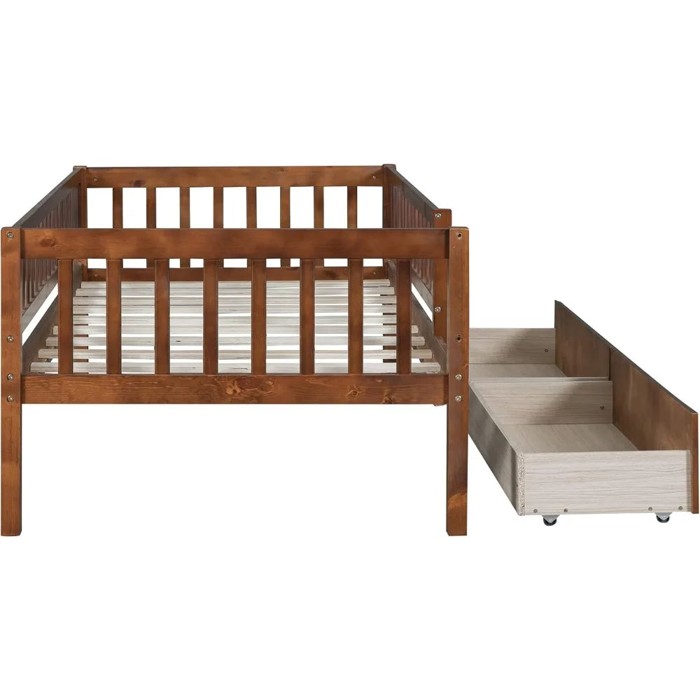 Twin Size Daybed with Two Drawers, Wood Kids Twin Platform Bed Frame with Storage and Rails, No Box Spring Needed, Easy Assembly