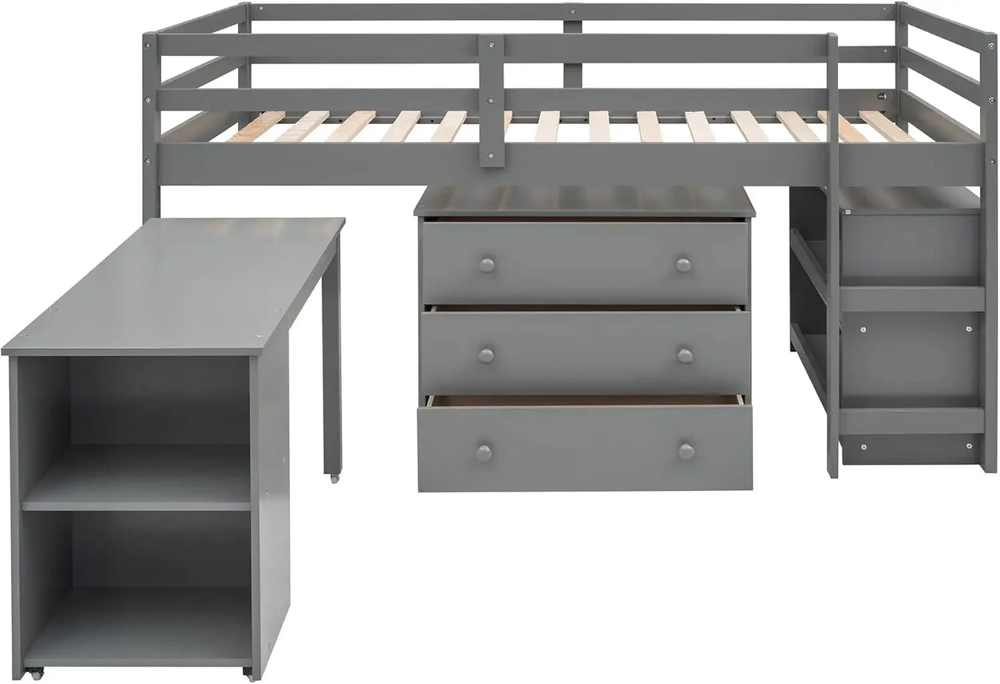 Cama baja tipo loft de madera maciza de tamaño doble con escalera para niños, litera, armario y escritorio, color gris puro