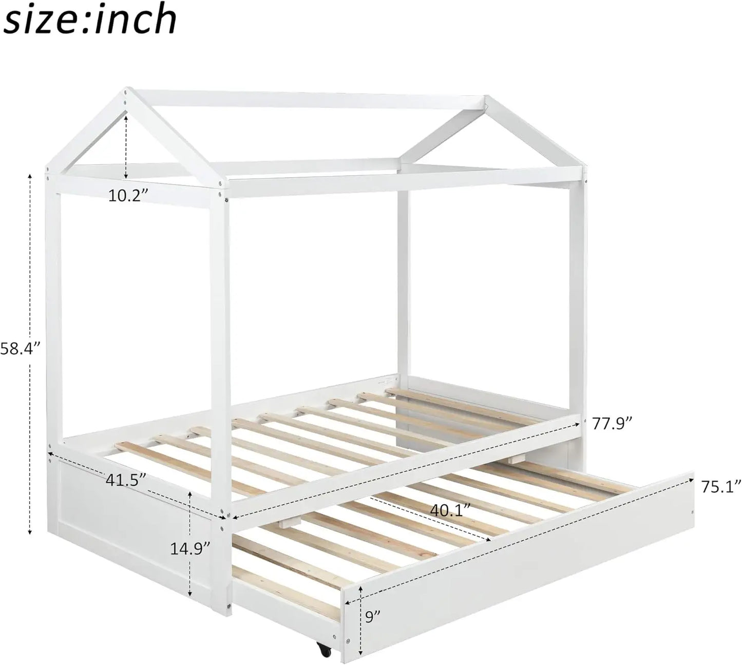 Cama nido para niños con dos camas individuales, estructura de cama tamaño twin, sofá cama tipo casa, no necesita somier, color blanco