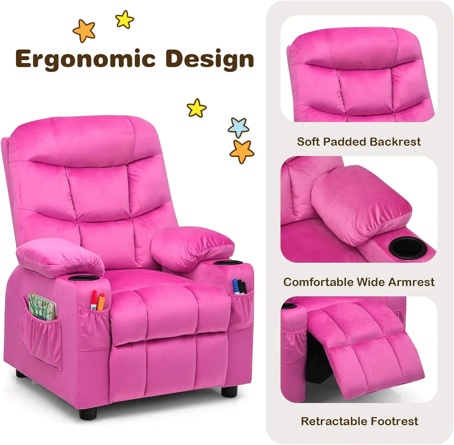 Kids Velvet Recliner Chair with Cup Holder, Footrest & Side Pockets for Children Boys Girls Baby Bedroom, Adjustable, Er