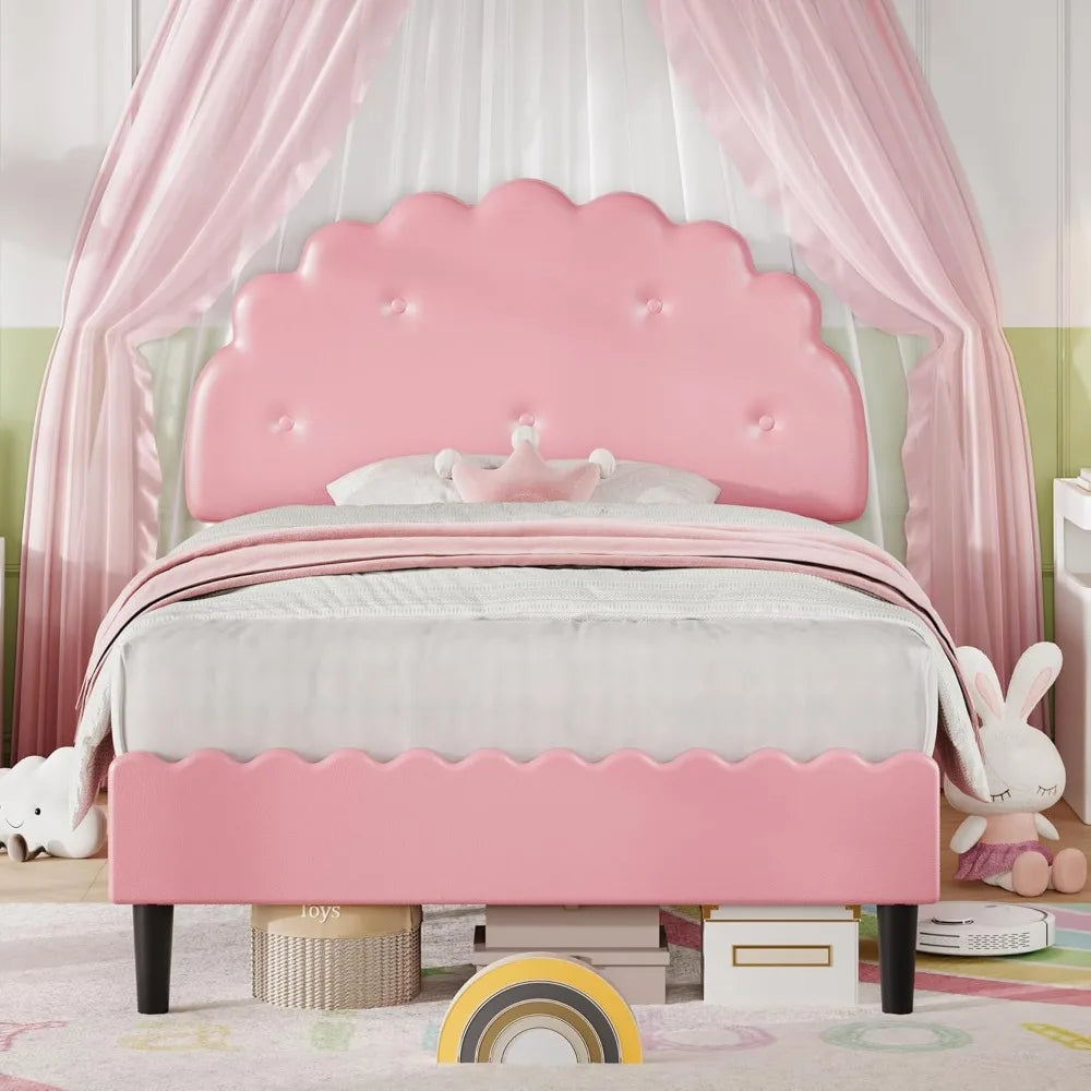 Twin Bed Frame, Upholstered Platform Bed with Button Tufted Headboard, Princess Kids Twin Bed Frames