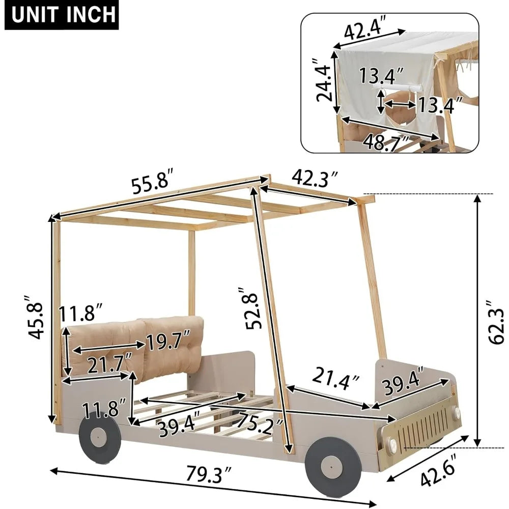 Lit double pour voiture avec oreiller et éclairage LED en forme de phares de voiture, cadre de lit en bois pour enfant avec tissu de plafond et porte-revues, naturel