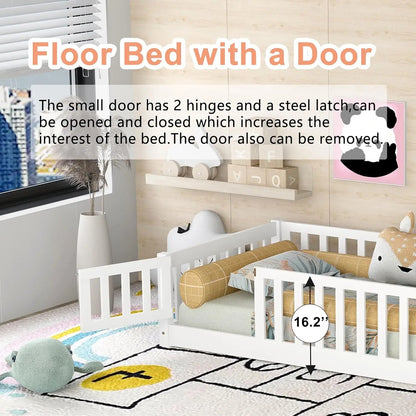 Twin Size Kids Floor Bed with Door and Fence Montessori Floor Bed with Slats and Safety Guardrails Solid Wood Twin Bed Frame