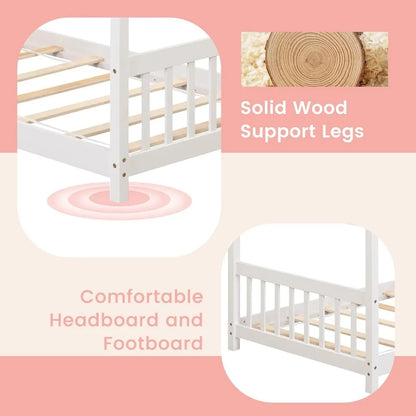 Cama infantil de madera maciza con techo, cabecero y pie de cama, estructura de cama doble de piso bajo para niños pequeños, adolescentes, niñas y niños