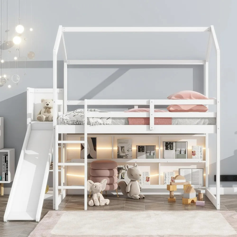 Twin Size House Loft Bed with Slide, Storage Shelves and Light, Climbing Ramp, Low Loftbed Frame, for Kids Boys Girls Bedroom