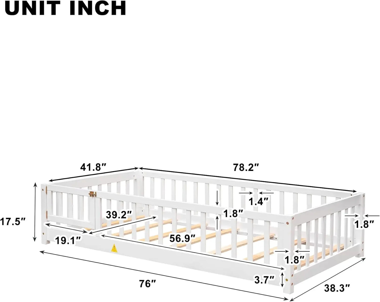 Lit double pour enfants avec porte et barrière Lit Montessori avec lattes et barrières de sécurité Cadre de lit double en bois massif