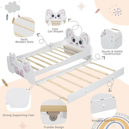 Lit plateforme pour enfants Merax Twin Size en forme de chat avec lit gigogne, cadre de lit en bois, pas besoin de sommier, blanc