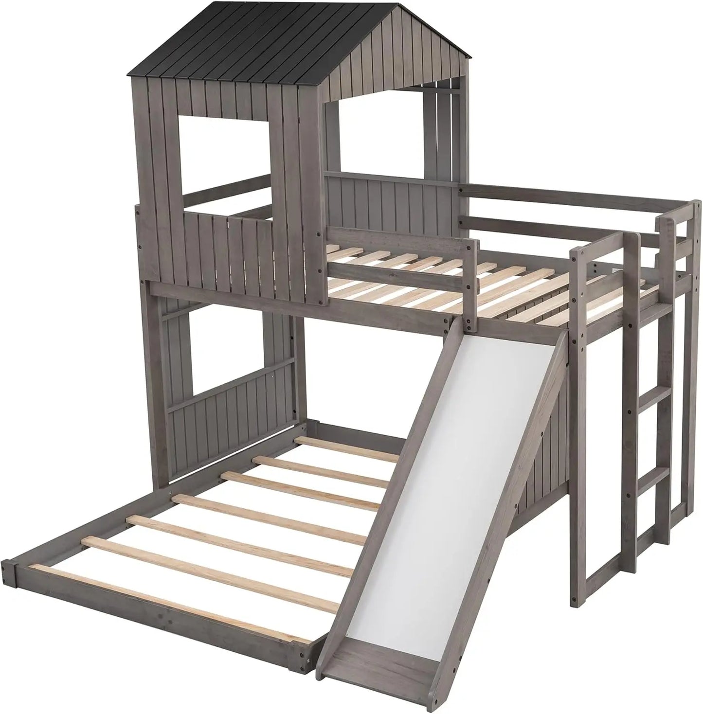 Kids with Playhouse Design, Wood Toddler Bunk Beds with Roof,Windows and Ladder for Boys or Girls,Antique Gray