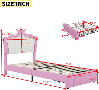 Twin Size Princess Bed with Storage Drawers for Girls,Cute Twin Size Bed Frame for Kids,Twin Upholstered Bed Frame with LE