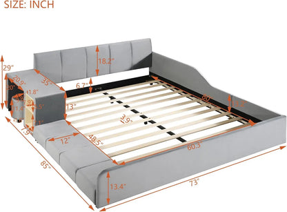 Versatile Queen Size Upholstered Grounded Bed,Mother & Child Bed With Bedside Desk And Little Round Stool,For Kids Teens Adults