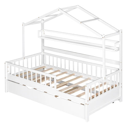 Lit double en bois avec lit gigogne, lit pour enfants avec étagère Un meilleur environnement de sommeil Gain de place Qualité supérieure