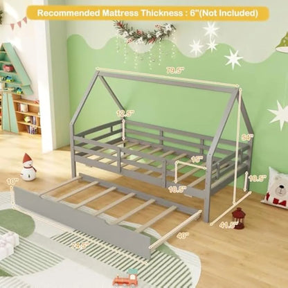 Twin House Bed with Trundle, Wood Kids Bed Frame with Roof & Fence Rails, Montessori Bed for Kids, Teens, Girls & Boys