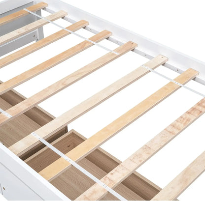 Lit simple à plateforme blanc pour deux personnes, cadre de lit en bois pour chambre à coucher, lit de rangement avec tiroirs pour enfants, pas besoin de sommier