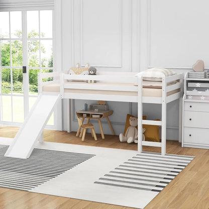 Cama alta doble con tobogán, cama alta baja de madera para niños, bebés, estructura de cama doble con escalera para trepar y espacio de almacenamiento, cama doble para niños