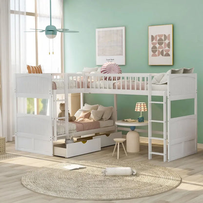 Lit superposé double avec un lit mezzanine attaché, avec deux tiroirs, lit gris pour filles de 6 à 12 ans Lits superposés Princesses pour enfants