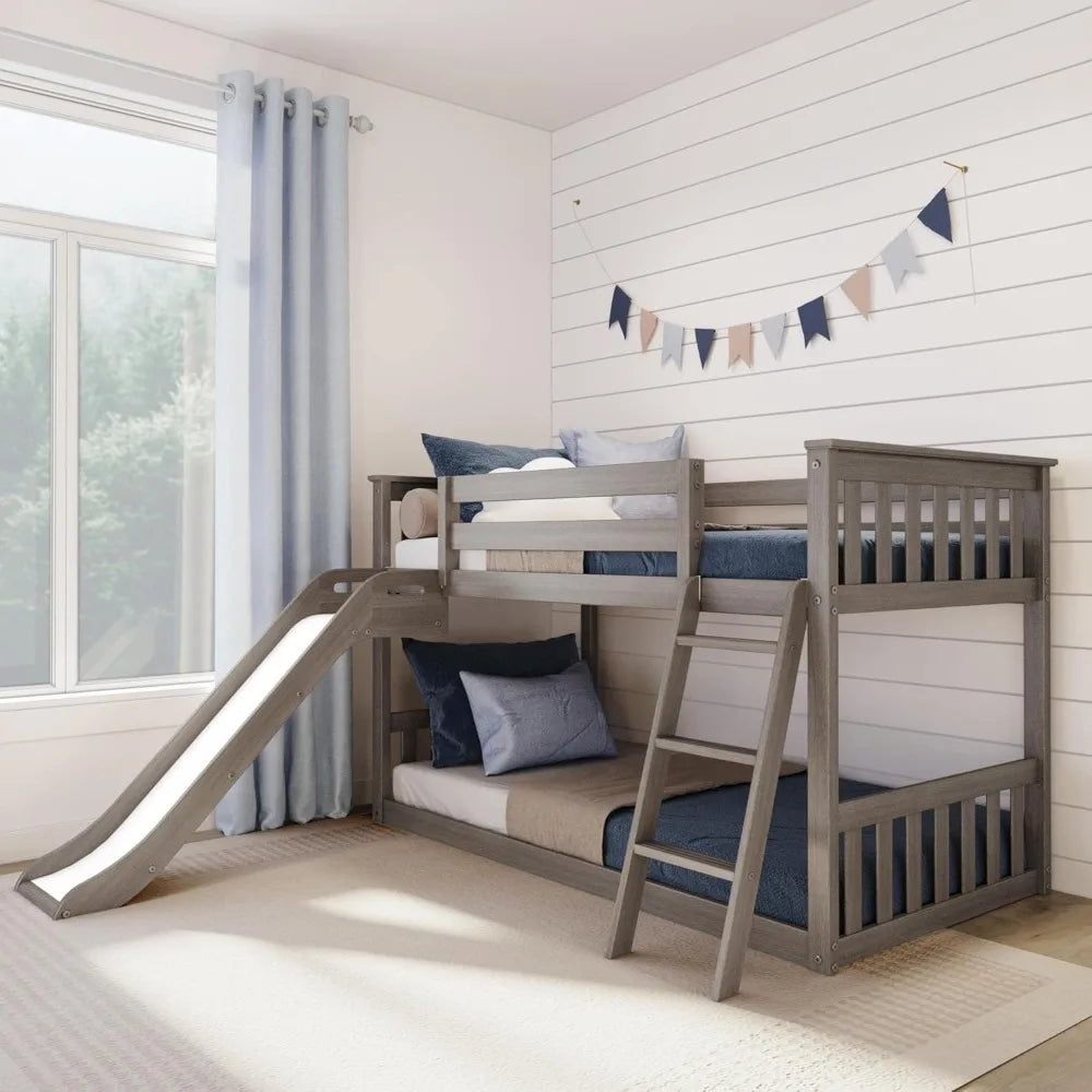 Litera baja doble, estructura de cama moderna de madera maciza para niños con listones de madera resistentes, acabados no tóxicos, gran capacidad de peso, color blanco