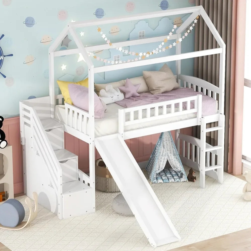 Cama alta con tobogán, camas altas tipo casa de tamaño doble con cajones de almacenamiento, cama tipo casa de juegos con escalera para niños pequeños, niñas y niños