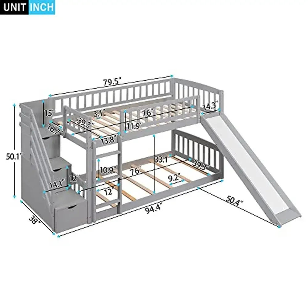 Wooden Low Bunk Bed with Slide Storage Stairs Ladder Grey Twin Over Twin Kids Furniture Modern No Box  Spindles