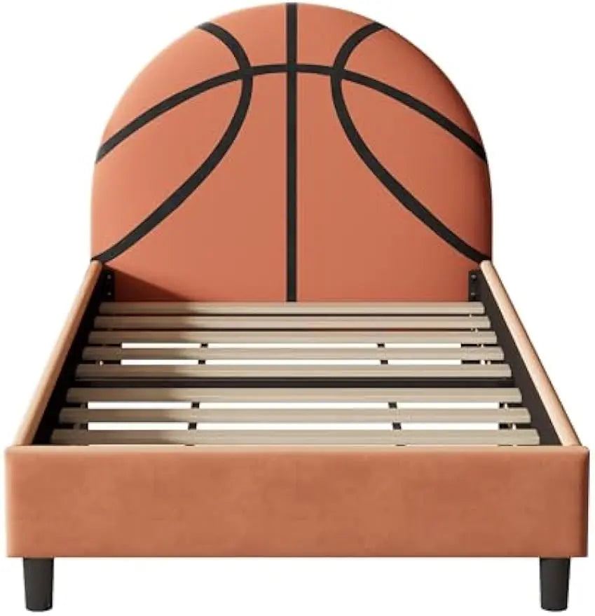 Lit double pour enfants de taille basket-ball, lit rembourré en velours, lit de style sport, petit lit, support à lattes en bois, pas besoin de sommier