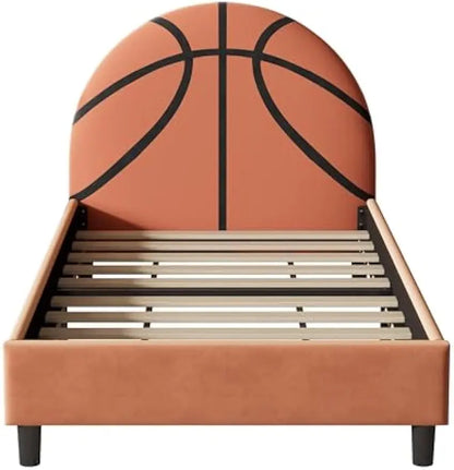 Twin Size Basketball Kids Bed Velvet Upholstered Bed Sport Style Bed Small Bed, Wood Slat Support, No Box Spring Needed