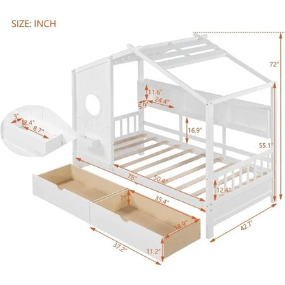 Twin House Bed with Storage Drawers & Bookcase, Montessori Twin Platform Bed Frame with Rails & Roof for Kids Teens Girls Boys