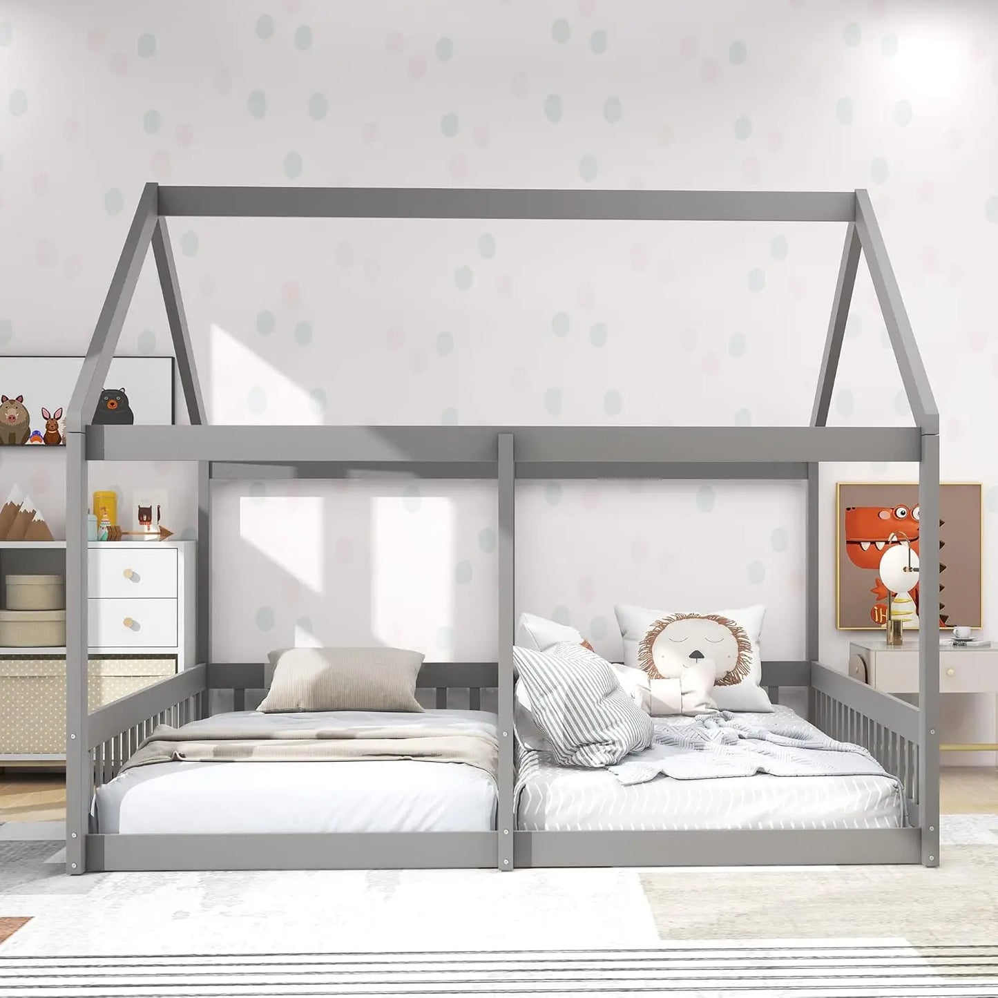 Lits à plateforme bas en forme de maison pour enfants Merax Double Twin, cadre de lit en bois pour garçons et filles, pas besoin de sommier, assemblage facile