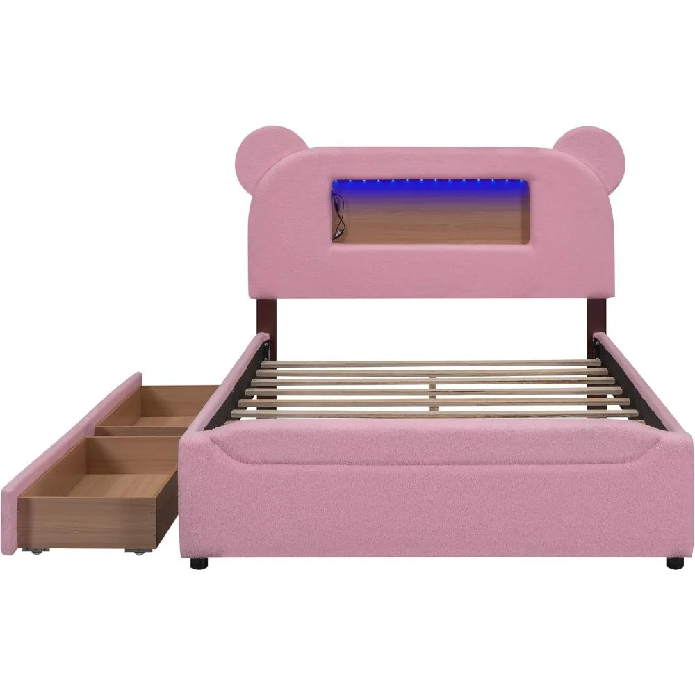 Cama tapizada moderna de tamaño completo con plataforma de almacenamiento, cabecero con orejas de dibujos animados y cajones, LED y USB, para niños, niñas y adolescentes