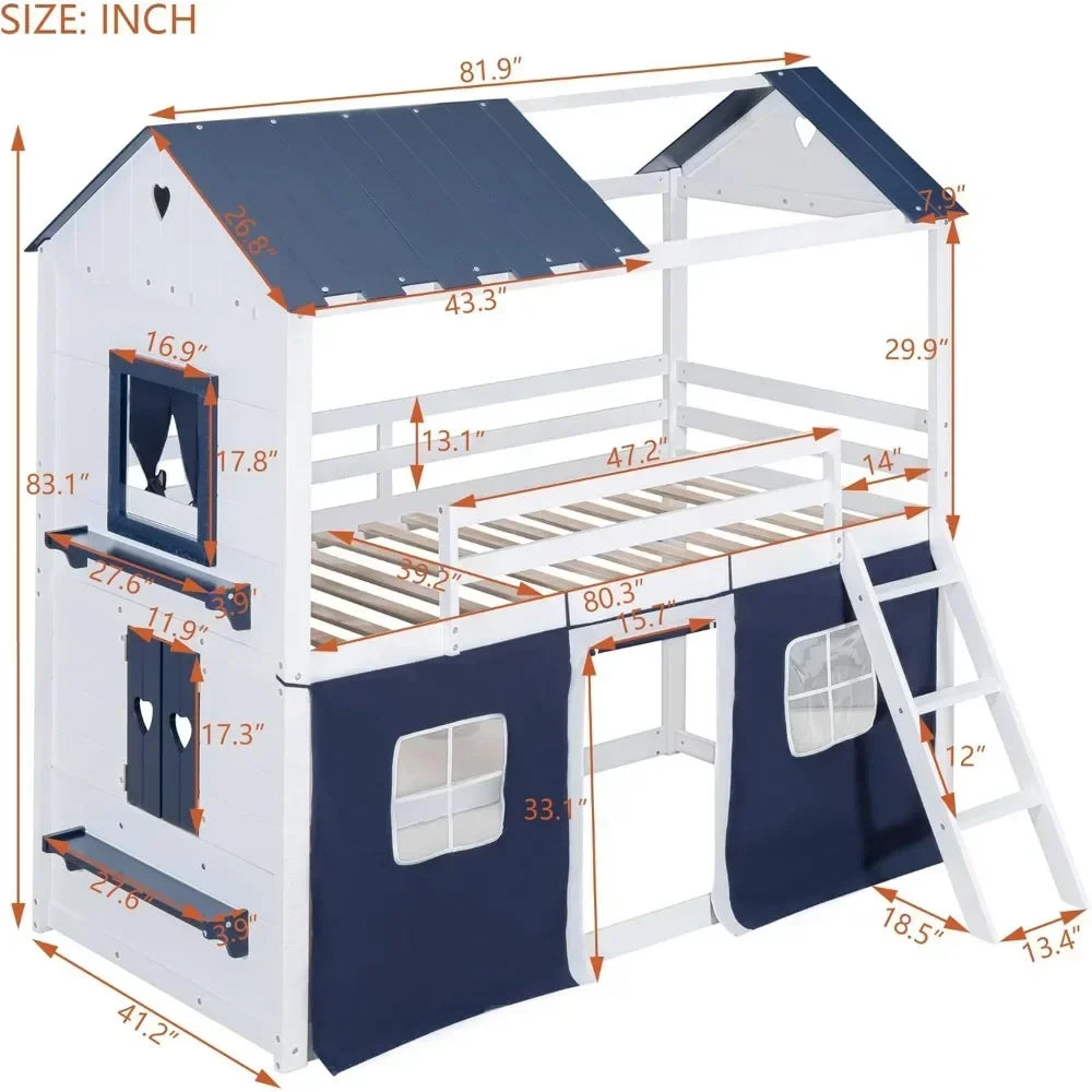 Litera doble tipo loft con tienda de campaña, cama doble tipo loft para niños con escaleras, barandilla, ventanas y techo, adecuada para dormitorios de niños y niñas