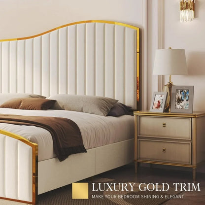 Queen Size Bed Frame, 61.4" High Headboard Platform Bed Velvet With Gold Trim & Footboard/No Box Spring Required,bed Frame