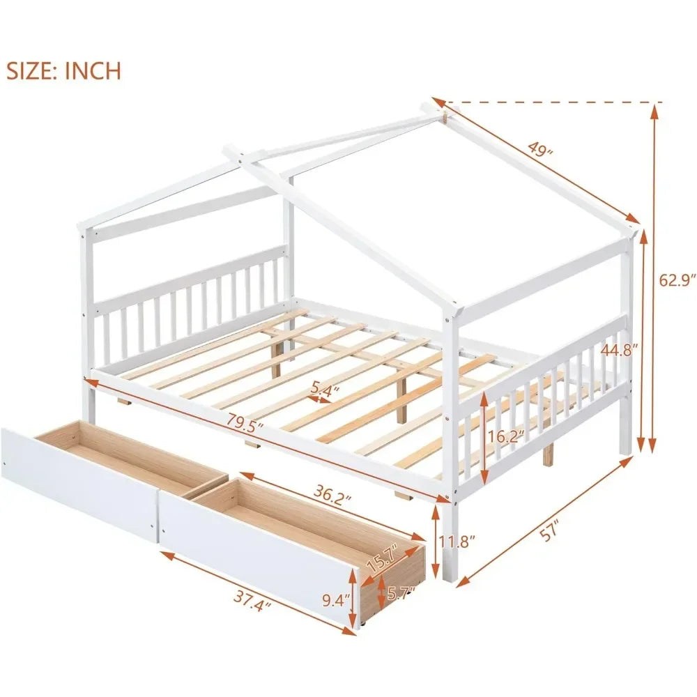 Cama de madera tamaño completo Merax con dos cajones, estructura de cama de madera con techo para niños, adolescentes, niños o niñas, color blanco