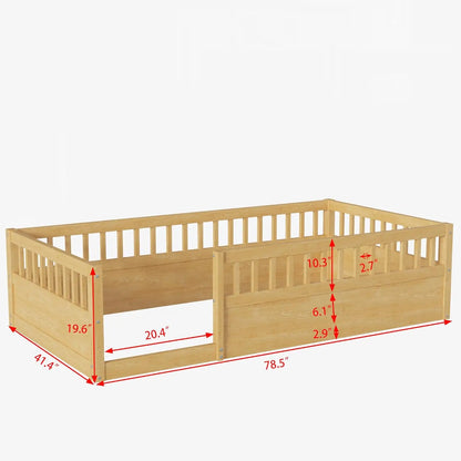 Twin Size Montessori Bed with Fence, Toddler Floor Bed Frame with High Rails for Children Bedroom,Toddlers, Boys Girls,